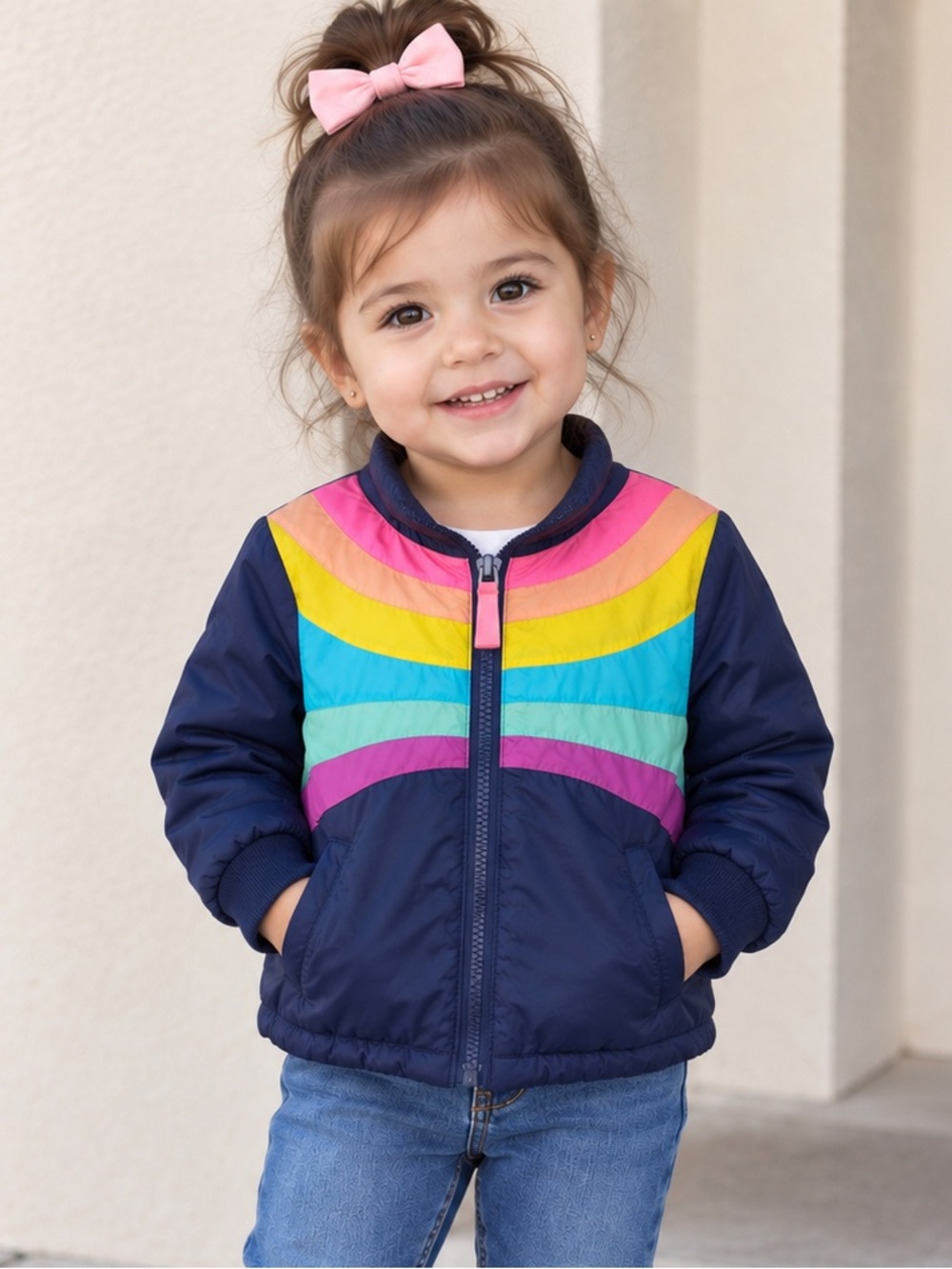 Cat & Jack Navy Puffer Jacket with Rainbow Stripes